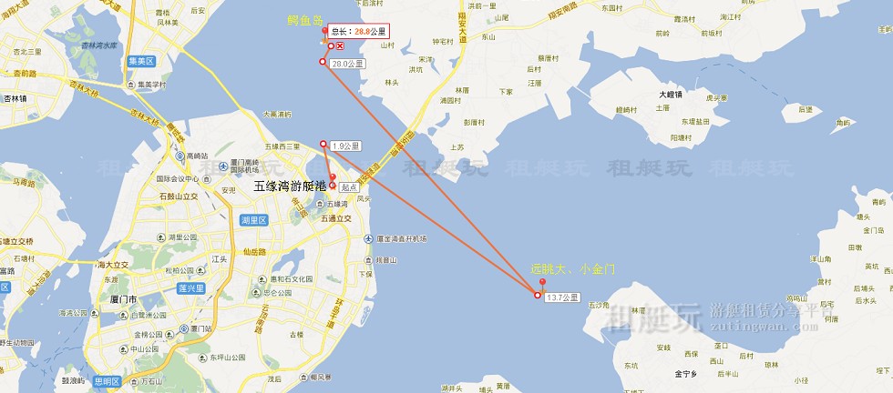 五緣灣游艇碼頭→大、小金門→鱷魚島→五緣灣游艇碼頭